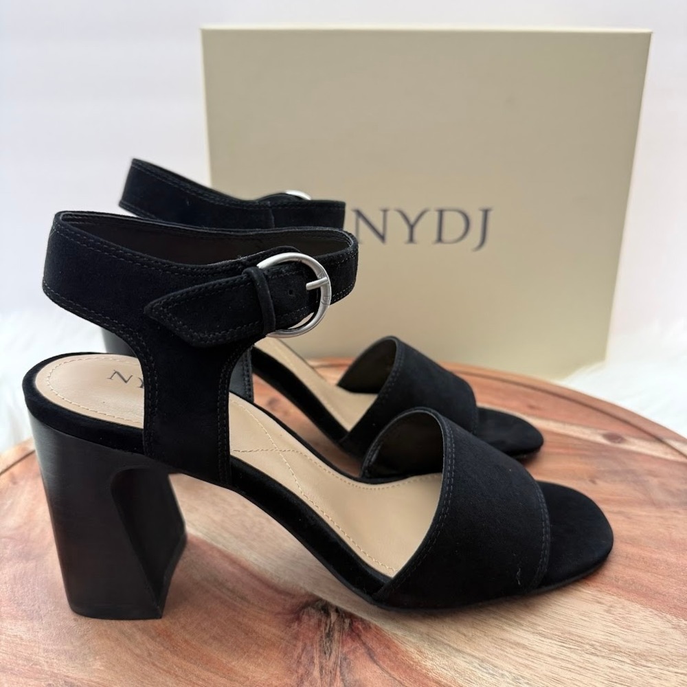 NYDJ Liz Black Kid Suede Block Heel Ankle Strap Sandals LIZKS Womens 8.5 M- NWB